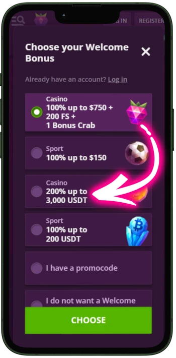 Malina Casino choose welcome bonus
